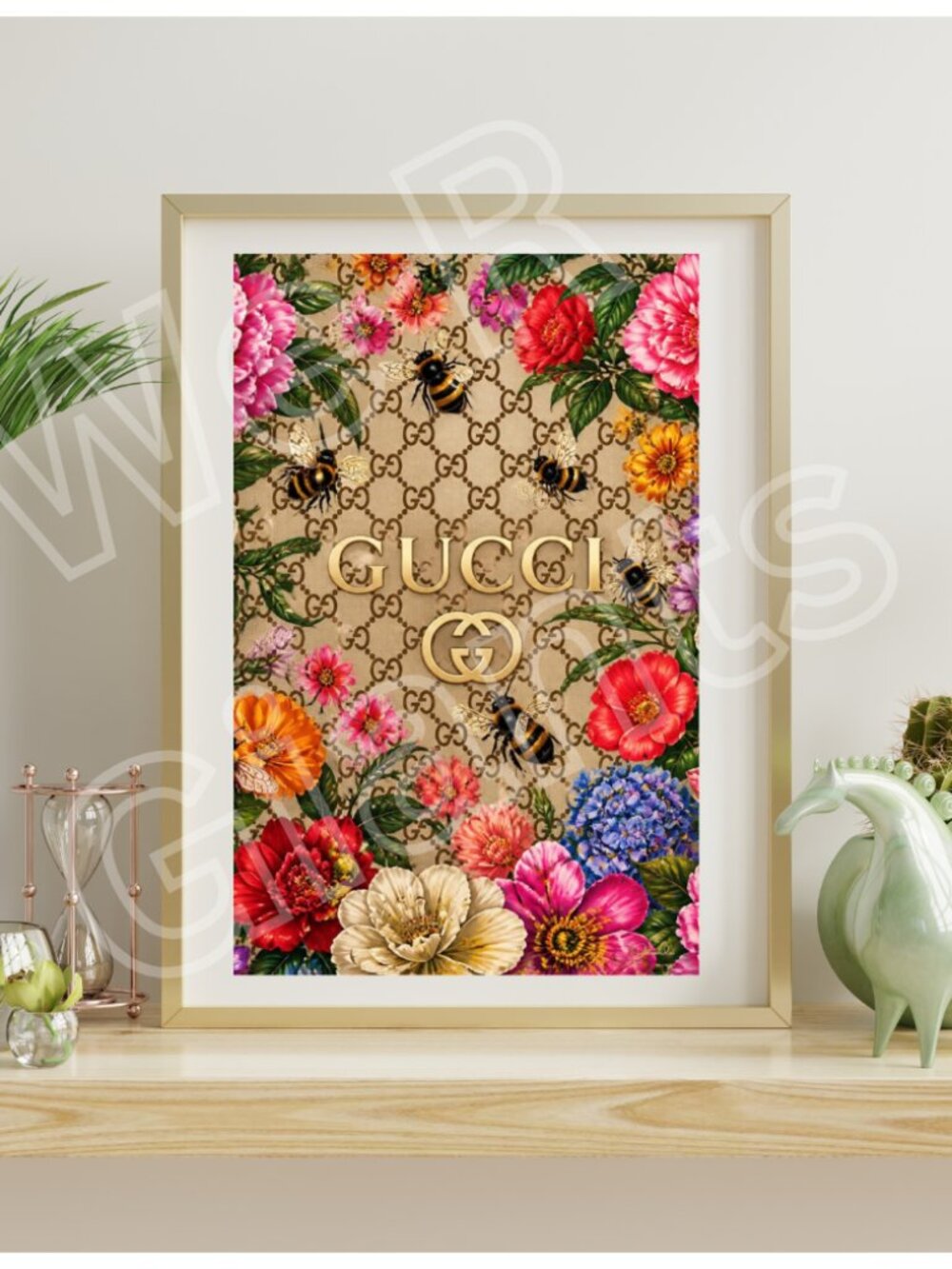 GUCCI PRINT Floral and Bees Theme Art Print 11x17 (Great Gift, Luxury, Bees)
